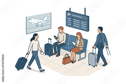 Travelers with luggage in airport waiting area with flight information