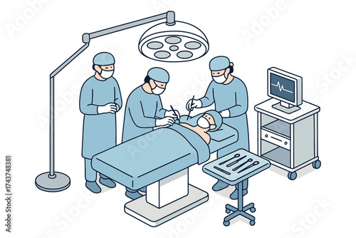 Isometric hospital scene with surgeons performing operation in modern surgical room