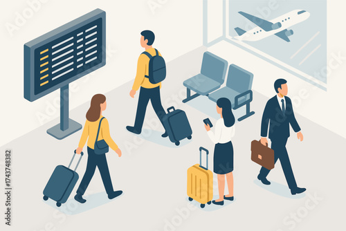 Travelers at airport terminal with boarding information and luggage in isometric style