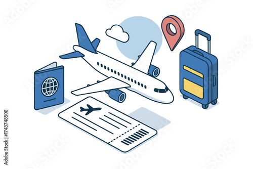 Isometric travel essentials: plane, passport, luggage, and ticket