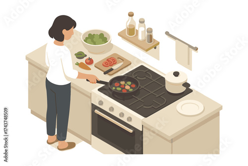 Isometric kitchen scene with woman cooking fresh vegetables on stove