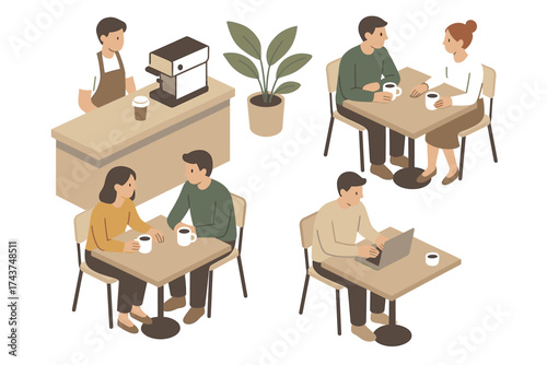 Cozy isometric cafe scene with barista and diverse customers relaxing