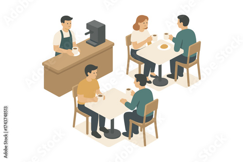 Cozy café gathering with friends and barista in isometric style