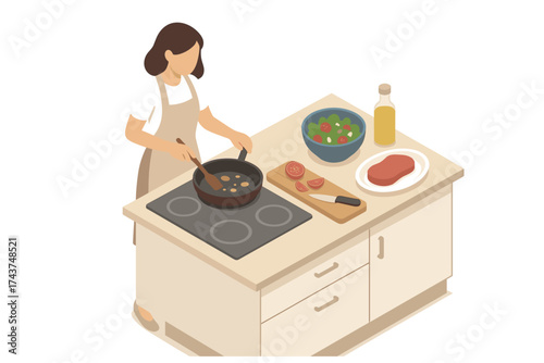 Woman cooking on kitchen stove with ingredients in modern isometric style