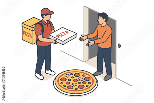 Isometric pizza delivery scene with customer receiving order at the door