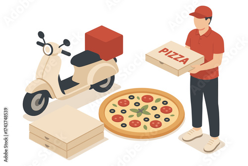 Pizza delivery concept with scooter and courier in isometric style