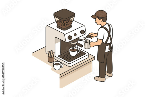 Barista using coffee machine in isometric style for cafes and caffeine lovers