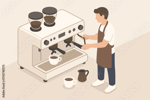 Barista brewing coffee with espresso machine in modern cafe setting