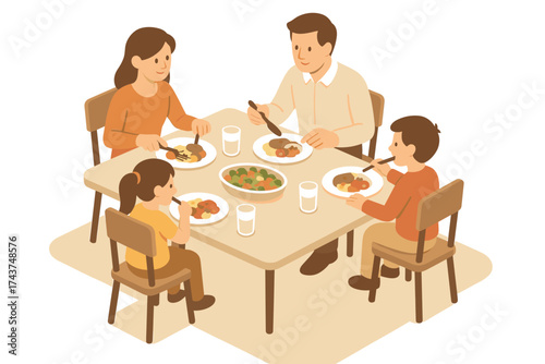 Family enjoying a meal together in an isometric style dining room