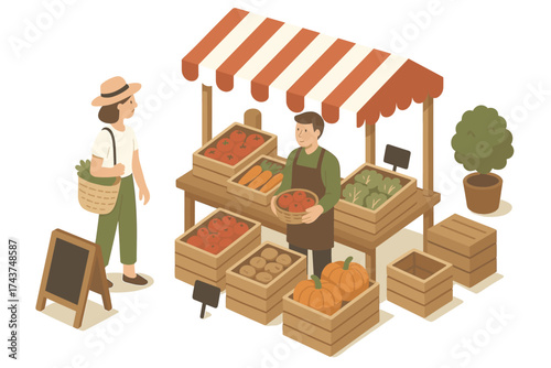 Farmer market scene with isometric vendor and customer interaction