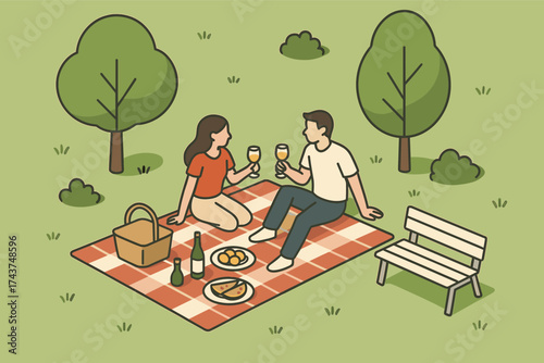 Couple enjoying picnic with wine and food in park setting with trees and bench