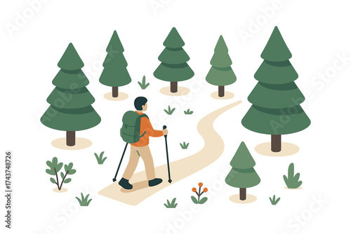 Isometric hiking adventure through pine forest with backpack and hiking poles