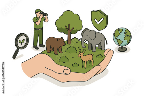 Isometric conservation scene with wildlife and tree planting elements
