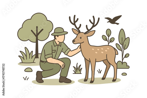 Park ranger gently caring for deer in peaceful forest setting