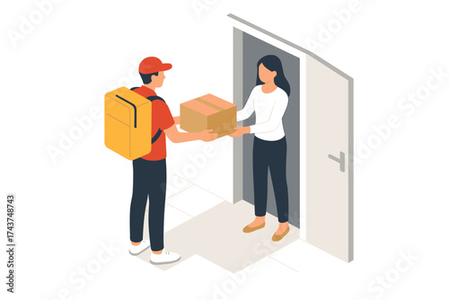Isometric delivery service: courier handing package to customer at home doorstep