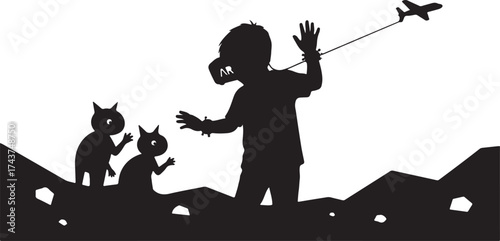 Silhouette of a tall figure flying a toy airplane kite with two small horned creatures looking up in wonder against a stark white background