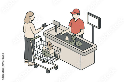 Isometric grocery checkout with customer and cashier interaction in modern supermarket setting