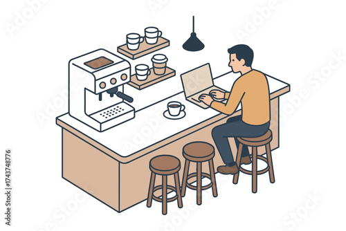 Isometric cafe scene with man using laptop and coffee machine