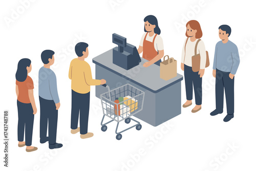 Isometric supermarket checkout scene with customers and cashier interaction
