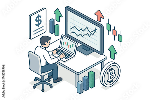 Financial analyst monitoring cryptocurrency market trends in modern isometric workspace
