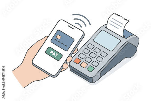 Contactless mobile payment concept featuring handheld device and card reader in flat style