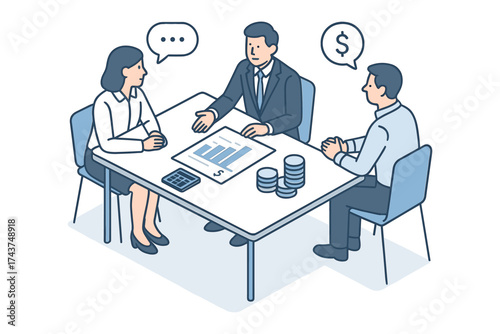 Business meeting discussion with financial analysis in isometric style