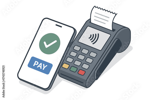 Mobile payment with smartphone and contactless card reader in isometric style