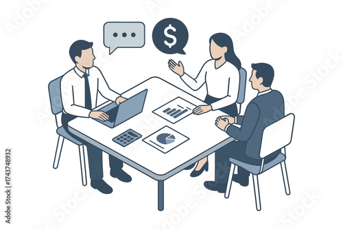 Business meeting scene with team discussing financial strategy in office setting