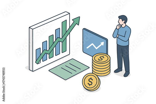 Analyzing financial growth: isometric data visualization with graphs and coins