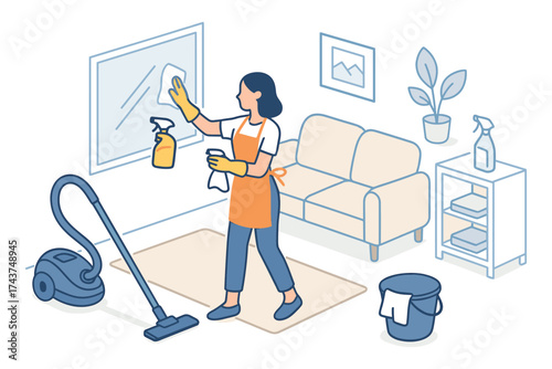 Cleaning routine in modern living room with vacuum and supplies in isometric style