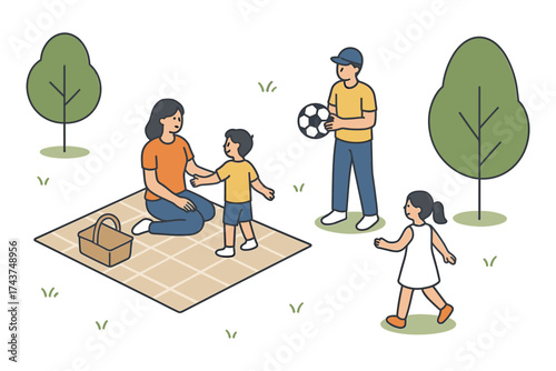 Family picnic in the park with children playing