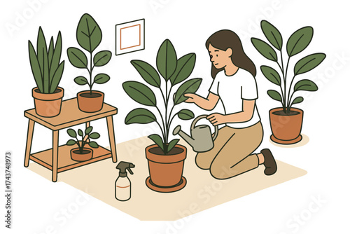 Woman taking care of indoor plants in a flat style design