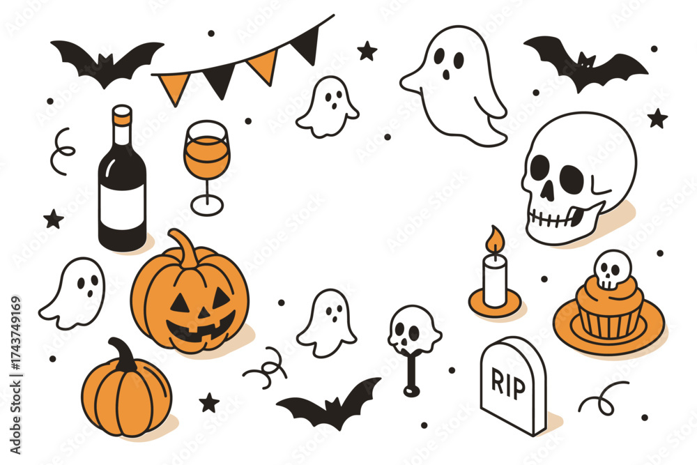 Fototapeta premium Spooky halloween fun with pumpkins, skulls, and ghosts in a cute flat style