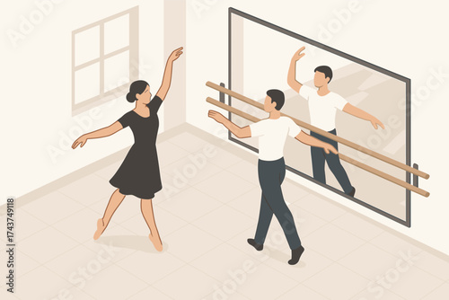 Isometric dance practice: ballet couple at the studio