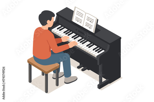 Isometric illustration of man playing upright piano on wooden stool