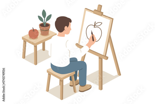 Artist drawing apple on canvas in isometric style with minimalist design
