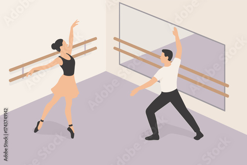 Isometric dance practice: ballet dancers in modern studio setting