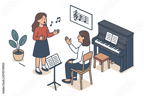 Woman singing with teacher in music lesson room with piano and plants