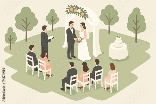 Elegant wedding ceremony in garden with guests and decorated arch in isometric style