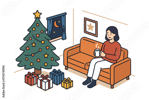 Cozy holiday scene with woman relaxing by christmas tree in living room