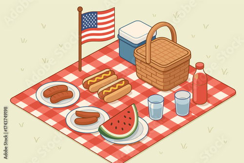 Isometric picnic scene with american flag and classic summer food on checkered blanket