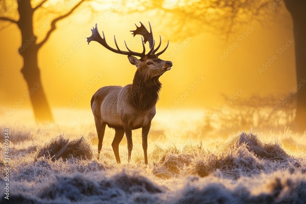 Fototapeta premium A majestic deer with antlers stands in the frosty meadows of an English countryside at sunrise wildlife nature golden.