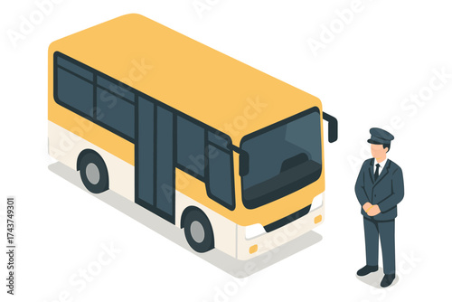Isometric yellow bus with driver in uniform on white background