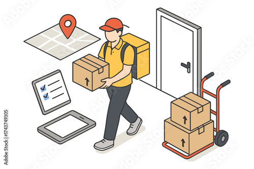 Delivery person with packages using gps and tablet near door and cart in isometric style