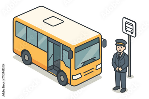 Isometric yellow bus with driver at bus stop in urban setting