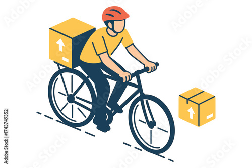 Isometric bicycle delivery service with courier in helmet and package
