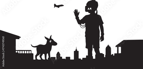 Surreal silhouette of a giant robot waving goodbye to a donkey against a cityscape with a distant airplane flying in the sky