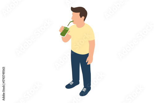Isometric man drinking smoothie in casual outfit