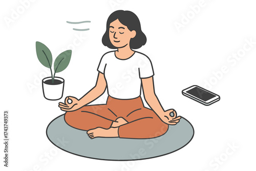 Meditating woman in relaxed pose with smartphone and plant, minimalist style
