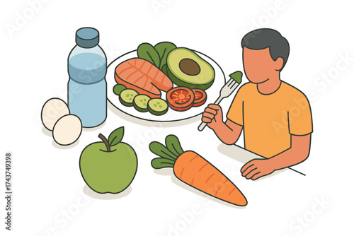 Healthy eating habits: a balanced diet with fresh vegetables, fruits, and fish